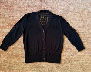 Black Lace Openwork Knit Cardigan 3/4 Sleeve Button Front Fitted Sweater
